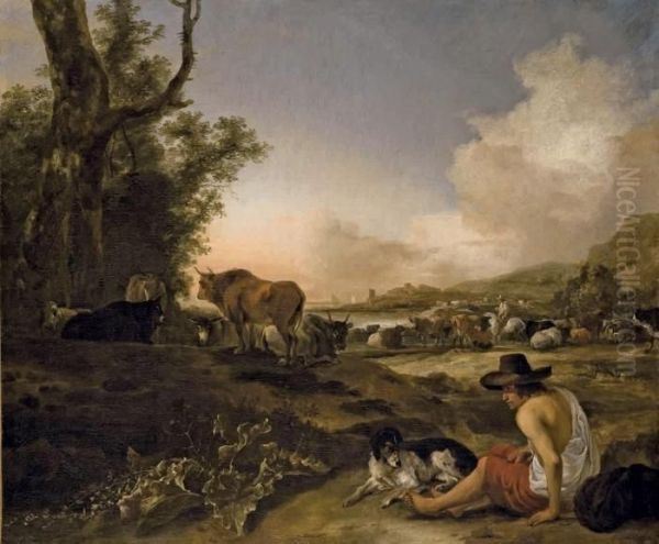 Berger Assis Dans Un Paysage Avec Son Chien Oil Painting by Jan Baptist Weenix