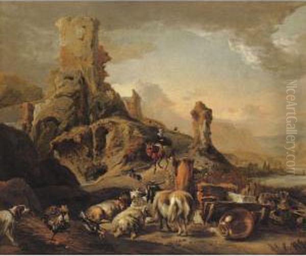 Shepherdess And Her Flock On A Path Oil Painting by Jan Baptist Weenix