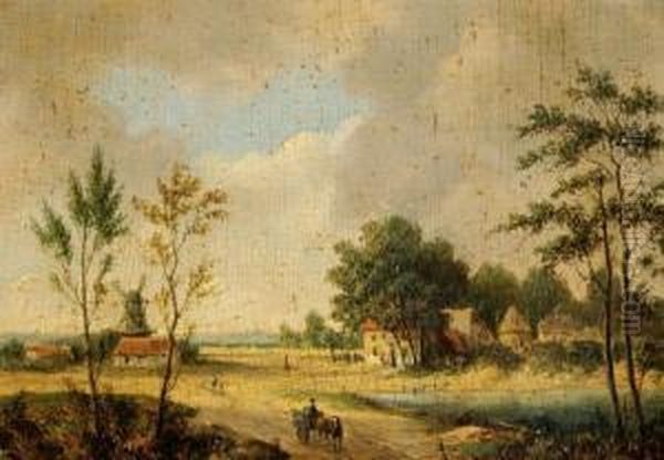 A Horse-drawn Cart On A Road Near A Village Oil Painting by Coenraad Alexander Weerts