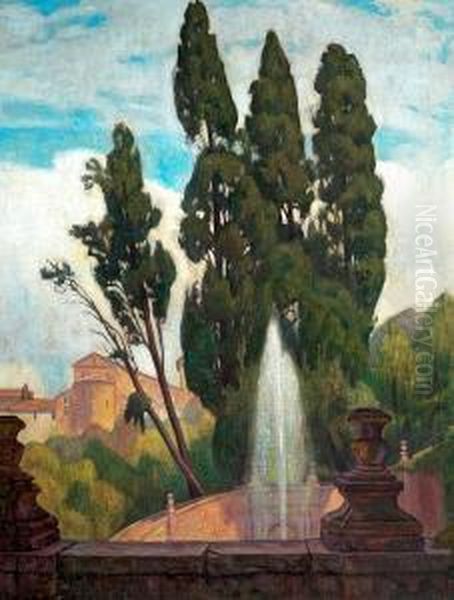 A Town With Fountain. Signed Einar Wegener Oil Painting by Einar, Lili Elbe Wegener