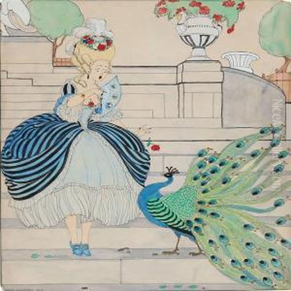 Young Girl In Rococo Dress Frightenedbyf A Peacock Oil Painting by Gerda Wegener