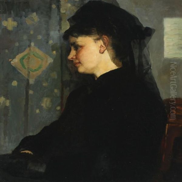 Portrait Of Young Woman In Black Oil Painting by Bertha Wegmann