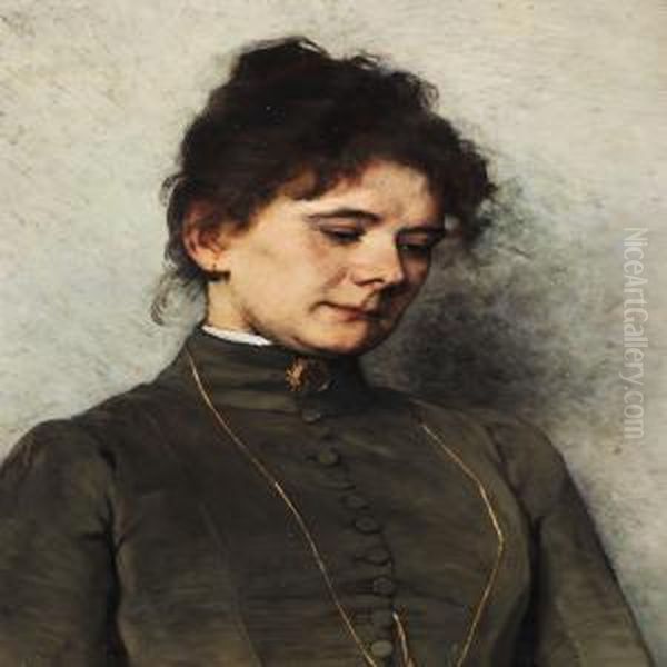 Young Reflecting Woman With Dark Curly Hair Oil Painting by Bertha Wegmann