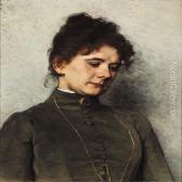 Young Reflecting Woman With Dark Curly Hair And A Grey Dress Decorated With A Medallion Oil Painting by Bertha Wegmann