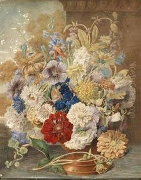 Alarge Still Life With Asters And Martagon Lilies Oil Painting by Sebastian Wegmayr