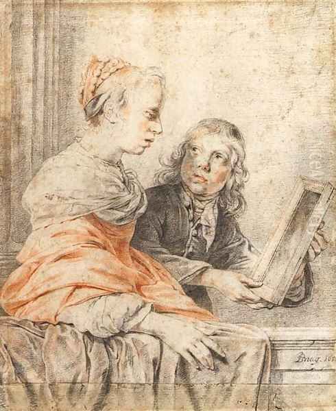 A young girl looking at her reflection in a mirror held by a page Oil Painting by Jan De Bray