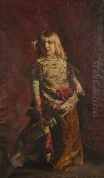 Portrait, Full Length, Of A Young Girl Holding An Unusual Doll Oil Painting by Johannes Raphael Wehle