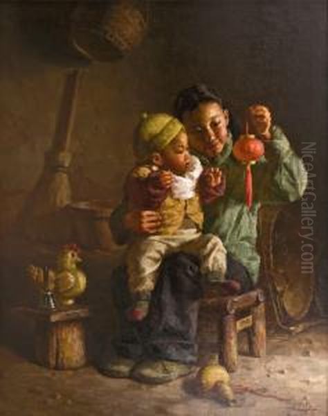 Baby Sitter Oil Painting by Zhou Wei