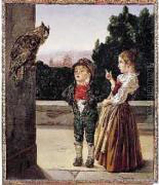 Deux Enfants Au Hibou Huile Sur Toile Signee En Bas A Droite Oil Painting by Johann Caspar Weidenmann