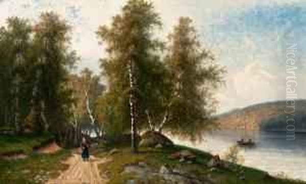 Birches By The Lake At Summertime Oil Painting by Julius Weidig