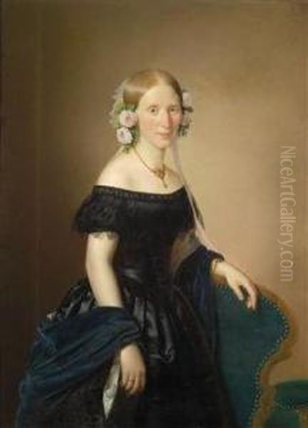 Portrait Of A Lady With Roses In Her Hair Oil Painting by Josef Weidner