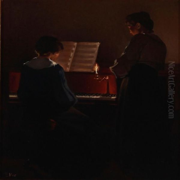 Two Women By A Piano Oil Painting by Edvard Weie