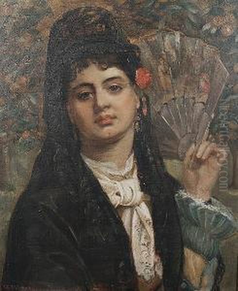 Portrait Of A Spanish Girl Holding A Fan by Arthur Howes Weigall