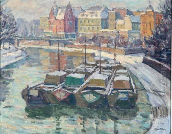 Partie An Der Saar Mit Angelegten Lastkahnen Im Winter Oil Painting by Otto Weil