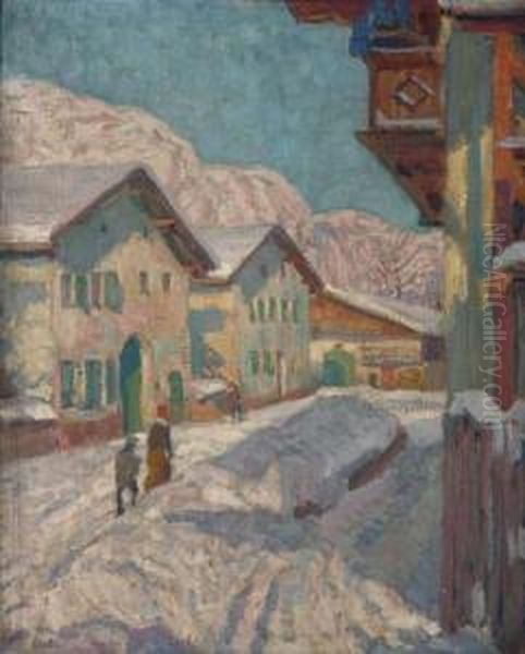 Strasenszene In Einem Gebirgsdorf Im Winter Oil Painting by Otto Weil