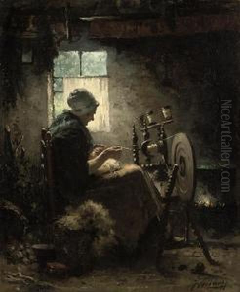 At The Spinning Wheel Oil Painting by Johannes Weiland