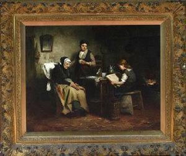 An Interior Scene With Figures Of A Grandmother, A Mother And Child Reading Oil Painting by Johannes Weiland