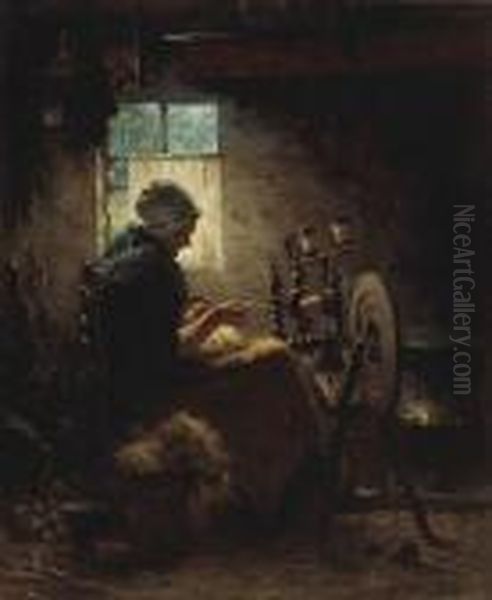 A Woman At A Spinning Wheel Oil Painting by Johannes Weiland