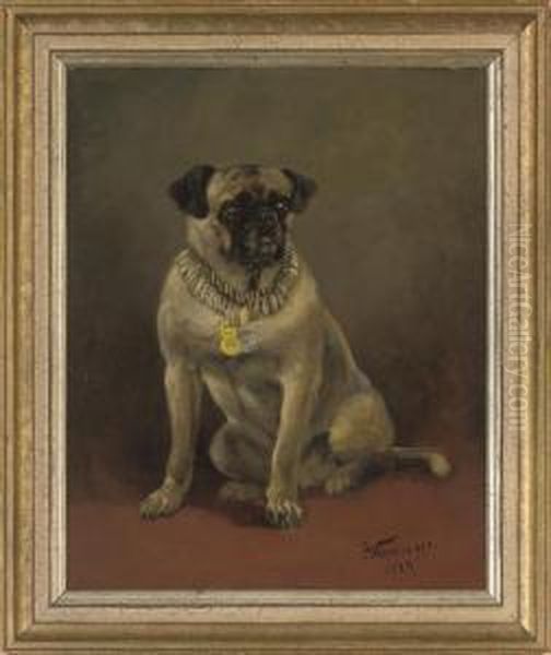 A Well Behaved Pug Oil Painting by Anton Weinberger