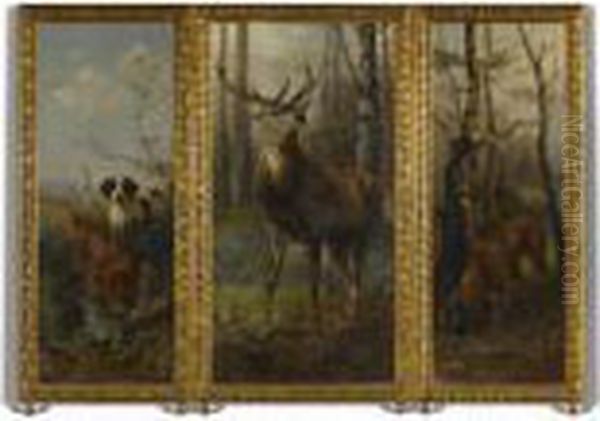 A Three-fold Screen Depicting Hunting Scenes Oil Painting by Anton Weinberger