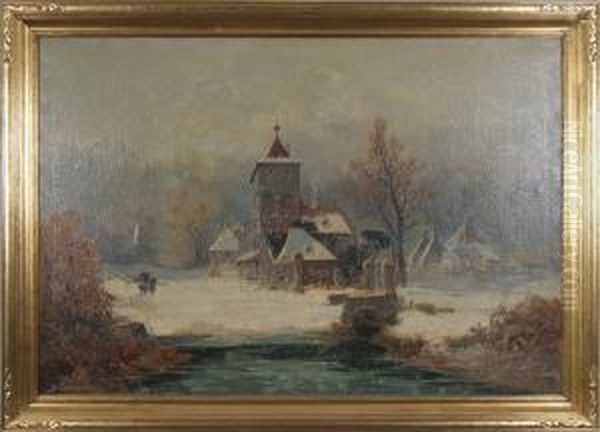 Dutch Winter Scene With Church And Figures Oil Painting by Johann Wilhelm Weinmann