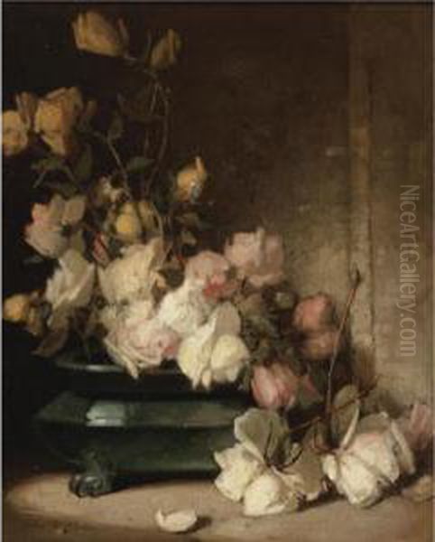 Pink And White Roses Oil Painting by John Ferguson Weir