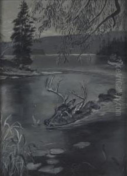 Deer In Water Oil Painting by J.W. Weir