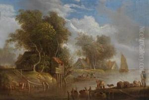 A River Landscape With Figuralstaffage Oil Painting by Franz Edmund Weirotter