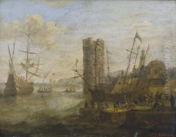 Kustenpartie Mit Segelschiff, Turm Und Staffage Oil Painting by Franz Edmund Weirotter