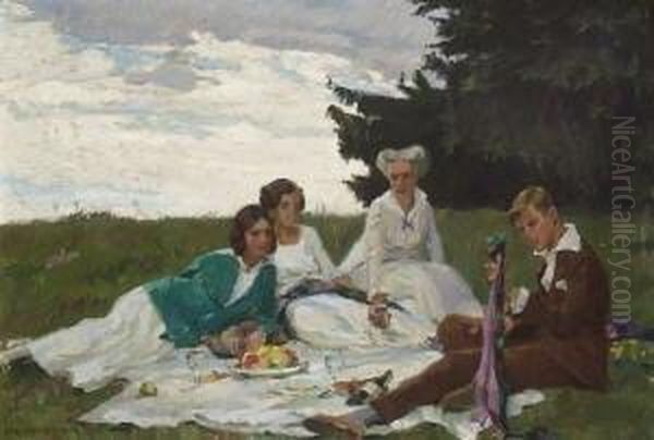 Die Familie Des Kunstlers Beim
 Picknick. Oil Painting by Robert Weise