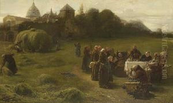 Heuernte Vor Dem Kloster. Oil Painting by Joseph Emanuel Weiser