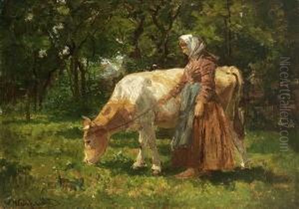 Magd Mit Einer Kuh Auf Sonniger
 Weide. Oil Painting by Viktor Weishaupt