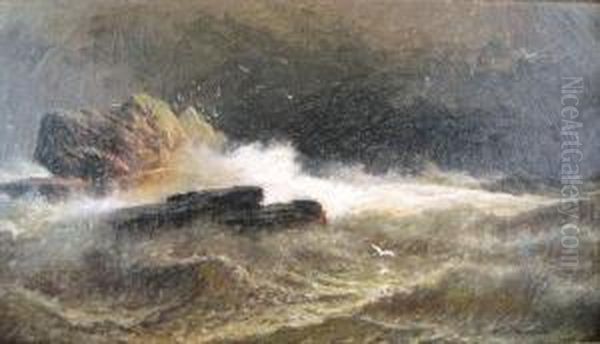 Ocean Waves Crashing Onrocks Oil Painting by William H. Weisman