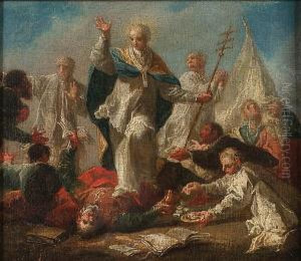 A Bishop Saint Administering The Last Rites To A Fallen Soldier Oil Painting by Anton Weiss