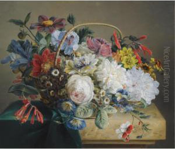 Flowers In A Basket On A Ledge Oil Painting by Anton Weiss