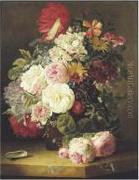 Bouquet De Fleurs Sur Un Entablement De Pierre Oil Painting by Anton Weiss