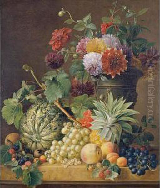 A Bouquet Of Flowers In An Urn And A Melon, A Pineapple, Grapes, Apricots, Peaches And Other Fruit All Resting On A Marble Ledge Oil Painting by Anton Weiss