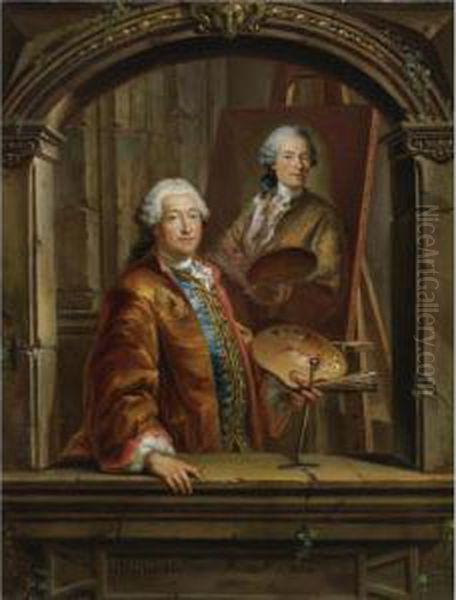 Portrait Of Georges Desmarees (1697-1776) At His Easel Paintinga Portrait Of Johann Christian Thomas Winck (1738-1797) Oil Painting by Bartholomaus Ignaz Weiss