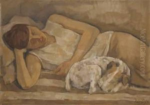 Liegende Renee Sintenis Mit Ihrem Hund Oscar Oil Painting by Emil Rudolf Weiss