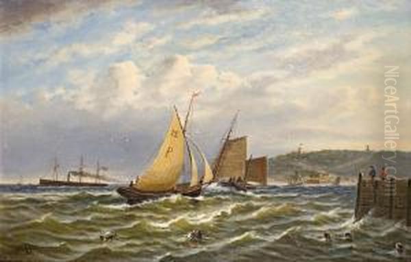 Segelschiffe Und Dampfer Vor Einer Kuste Oil Painting by Johann Baptist Weiss