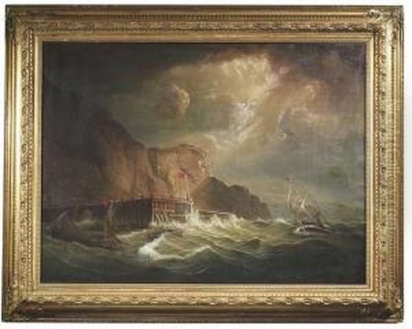 Sailing Boats In Stormy Sea At A Steep Coast Oil Painting by Johann Baptist Weiss