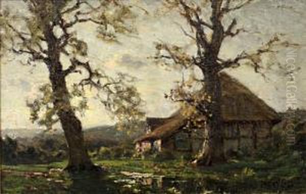 A Thatched Cottage In A Rural Landscape Oil Painting by Jose Weiss