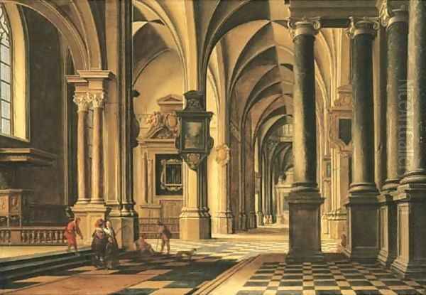 A church interior with elegant company conversing in the aisle Oil Painting by Bartholomeus Van Bassen