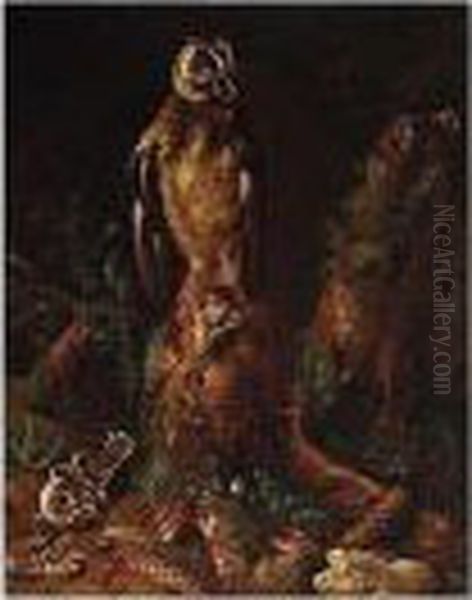 A Pine Forest With An Owl Clutching Its Prey Oil Painting by Joseph Weiss