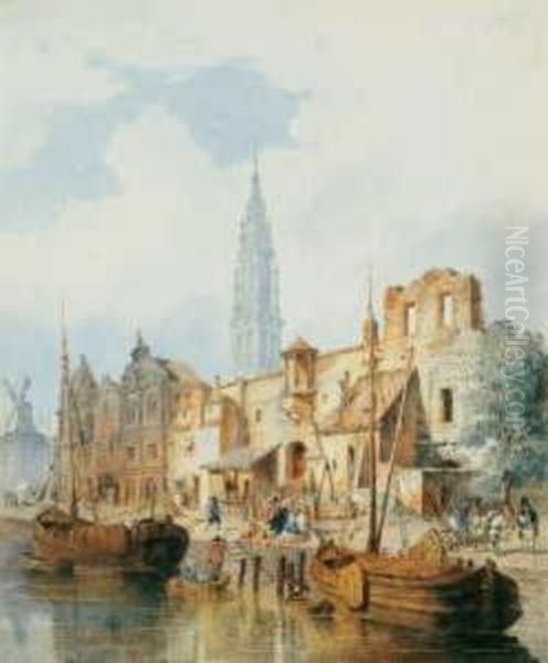 Fischmarkt In Antwerpen Oil Painting by Joseph Andreas Weiss