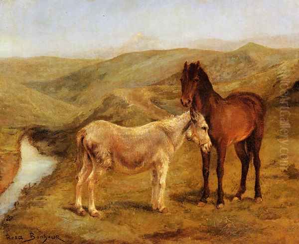 A Horse And Donkey In A Hilly Landscape Oil Painting by Rosa Bonheur