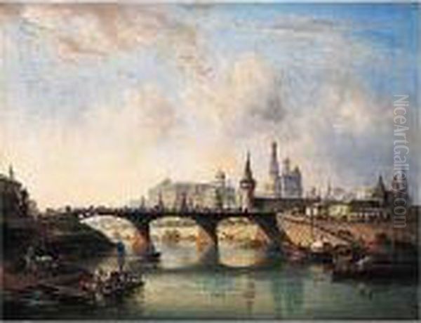 A View Of The Moskvoretsky Bridge And The Moscow Kremlin Oil Painting by Joseph Andreas Weiss