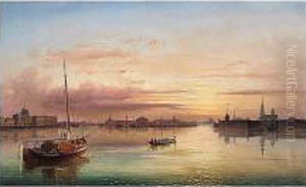 Panoramic View Of The River Neva From The Troitsky Bridge With Views Of The Peter Paul Fortress, The Stock Exchange And Rostral Columns, And The Winter Palace Oil Painting by Joseph Andreas Weiss