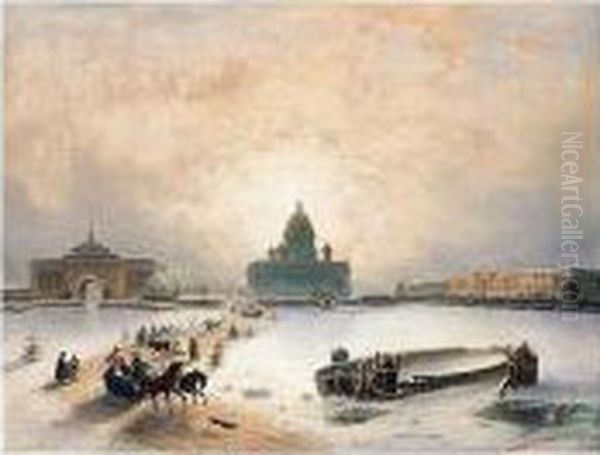 The Ice Road On The Neva Before St Isaac's Cathedral And Senate Square Oil Painting by Joseph Andreas Weiss