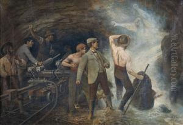 Arbeiter Beim Bau Des Lotschbergtunnels Oil Painting by Rudolf Johann Weiss